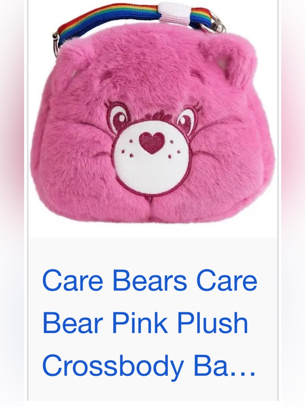 NWT- Care Bear Pink Plush Bear Crossbody Bag with Rainbow Strap